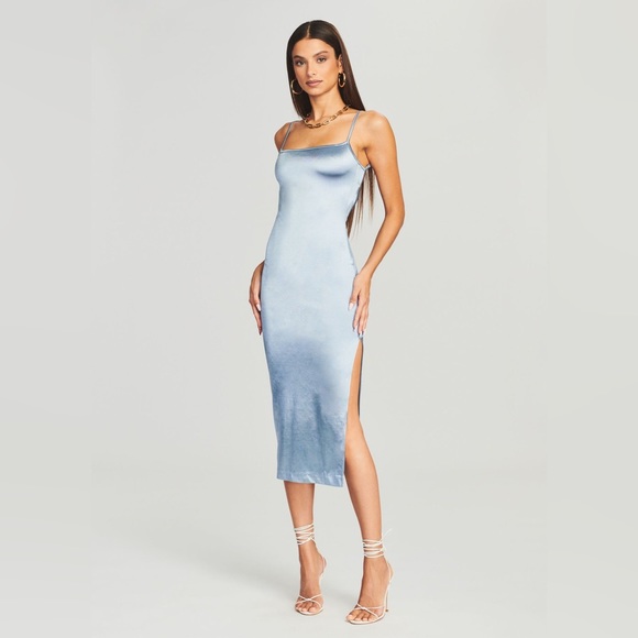 SEROYA Birdie Blue Silk Midi Slit Dress NEW Medium - Picture 1 of 6